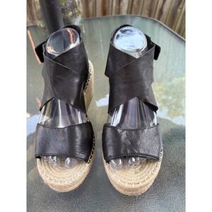 Eileen Fisher Womens Black Leather Espadrille Wedge Sandals 8.5 EF-WILLOW-LEA